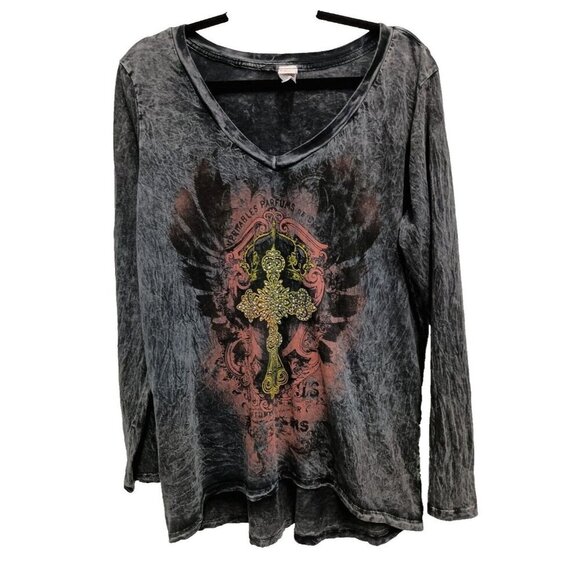 L.A Teez Womens Embellished Cross Top 2X Black Washed Long Sleeve Grunge - Picture 1 of 7